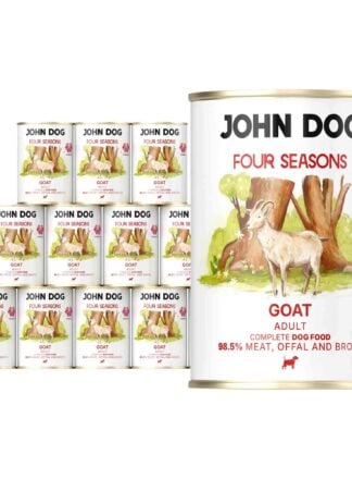 12 puszek mokrej karmy dla psów John Dog Four Seasons Goat Adult 400 g. Na białych etykietach znajduje się ilustracja kozy stojącej przed pniami drzew oraz symbol jeżówki i różowe napisy.