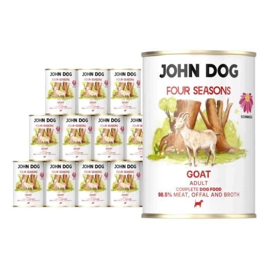 12 puszek mokrej karmy dla psów John Dog Four Seasons Goat Adult 400 g. Na białych etykietach znajduje się ilustracja kozy stojącej przed pniami drzew oraz symbol jeżówki i różowe napisy.