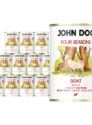 12 puszek mokrej karmy dla psów John Dog Four Seasons Goat Adult 400 g. Na białych etykietach znajduje się ilustracja kozy stojącej przed pniami drzew oraz symbol jeżówki i różowe napisy.