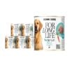 6 puszek mokrej karmy dla psa John Dog For Long Life goat with carrot root 800 g. Na białej etykiecie po lewej stronie znajduje się zdjęcie psa rasy golden retriver, po środku napisy z informacjami o karmie, po prawej stronie turkusowy talerz z karmą, ilustracja marchewki i kod qr.