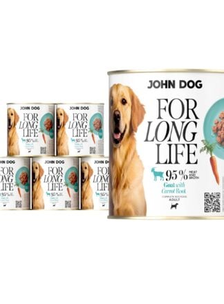 6 puszek mokrej karmy dla psa John Dog For Long Life goat with carrot root 800 g. Na białej etykiecie po lewej stronie znajduje się zdjęcie psa rasy golden retriver, po środku napisy z informacjami o karmie, po prawej stronie turkusowy talerz z karmą, ilustracja marchewki i kod qr.