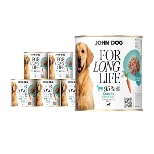 6 puszek mokrej karmy dla psa John Dog For Long Life goat with carrot root 800 g. Na białej etykiecie po lewej stronie znajduje się zdjęcie psa rasy golden retriver, po środku napisy z informacjami o karmie, po prawej stronie turkusowy talerz z karmą, ilustracja marchewki i kod qr.