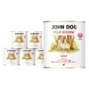 6 puszek mokrej karmy dla psów John Dog Four Seasons Goat Adult 800 g. Na białych etykietach znajduje się ilustracja kozy stojącej przed pniami drzew oraz symbol jeżówki i różowe napisy.
