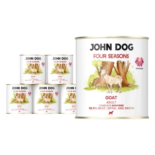 6 puszek mokrej karmy dla psów John Dog Four Seasons Goat Adult 800 g. Na białych etykietach znajduje się ilustracja kozy stojącej przed pniami drzew oraz symbol jeżówki i różowe napisy.