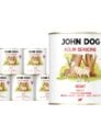 6 puszek mokrej karmy dla psów John Dog Four Seasons Goat Adult 800 g. Na białych etykietach znajduje się ilustracja kozy stojącej przed pniami drzew oraz symbol jeżówki i różowe napisy.