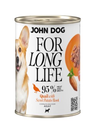 Puszka mokrej karmy dla psa John Dog For Long Life quail with sweet potato root 400 g. Na białej etykiecie po lewej stronie znajduje się zdjęcie psa rasy corgi, po środku napisy z informacjami o karmie, po prawej stronie pomarańczowy talerz z karmą, ilustracja batata i kod qr.