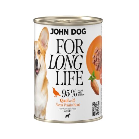 Puszka mokrej karmy dla psa John Dog For Long Life quail with sweet potato root 400 g. Na białej etykiecie po lewej stronie znajduje się zdjęcie psa rasy corgi, po środku napisy z informacjami o karmie, po prawej stronie pomarańczowy talerz z karmą, ilustracja batata i kod qr.