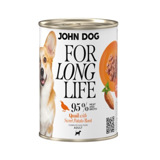 Puszka mokrej karmy dla psa John Dog For Long Life quail with sweet potato root 400 g. Na białej etykiecie po lewej stronie znajduje się zdjęcie psa rasy corgi, po środku napisy z informacjami o karmie, po prawej stronie pomarańczowy talerz z karmą, ilustracja batata i kod qr.
