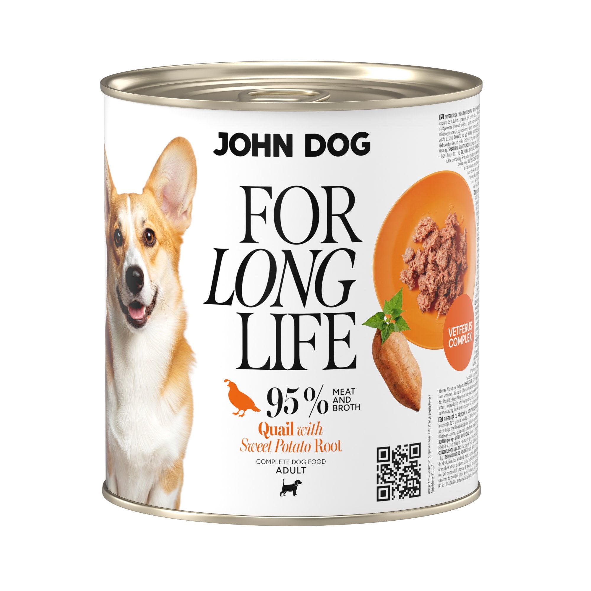 Puszka mokrej karmy dla psa John Dog For Long Life quail with sweet potato root 800 g. Na białej etykiecie po lewej stronie znajduje się zdjęcie psa rasy corgi, po środku napisy z informacjami o karmie, po prawej stronie pomarańczowy talerz z karmą, ilustracja batata i kod qr.