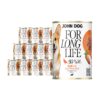 12 puszek mokrej karmy dla psa John Dog For Long Life quail with sweet potato root 400 g. Na białej etykiecie po lewej stronie znajduje się zdjęcie psa rasy corgi, po środku napisy z informacjami o karmie, po prawej stronie pomarańczowy talerz z karmą, ilustracja batata i kod qr.