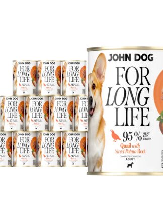 12 puszek mokrej karmy dla psa John Dog For Long Life quail with sweet potato root 400 g. Na białej etykiecie po lewej stronie znajduje się zdjęcie psa rasy corgi, po środku napisy z informacjami o karmie, po prawej stronie pomarańczowy talerz z karmą, ilustracja batata i kod qr.