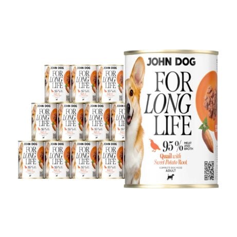 12 puszek mokrej karmy dla psa John Dog For Long Life quail with sweet potato root 400 g. Na białej etykiecie po lewej stronie znajduje się zdjęcie psa rasy corgi, po środku napisy z informacjami o karmie, po prawej stronie pomarańczowy talerz z karmą, ilustracja batata i kod qr.