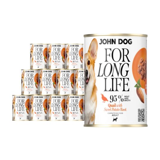 12 puszek mokrej karmy dla psa John Dog For Long Life quail with sweet potato root 400 g. Na białej etykiecie po lewej stronie znajduje się zdjęcie psa rasy corgi, po środku napisy z informacjami o karmie, po prawej stronie pomarańczowy talerz z karmą, ilustracja batata i kod qr.