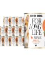 12 puszek mokrej karmy dla psa John Dog For Long Life quail with sweet potato root 400 g. Na białej etykiecie po lewej stronie znajduje się zdjęcie psa rasy corgi, po środku napisy z informacjami o karmie, po prawej stronie pomarańczowy talerz z karmą, ilustracja batata i kod qr.