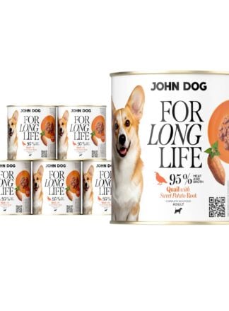 6 puszek mokrej karmy dla psa John Dog For Long Life quail with sweet potato root 800 g. Na białej etykiecie po lewej stronie znajduje się zdjęcie psa rasy corgi, po środku napisy z informacjami o karmie, po prawej stronie pomarańczowy talerz z karmą, ilustracja batata i kod qr.