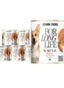 6 puszek mokrej karmy dla psa John Dog For Long Life quail with sweet potato root 800 g. Na białej etykiecie po lewej stronie znajduje się zdjęcie psa rasy corgi, po środku napisy z informacjami o karmie, po prawej stronie pomarańczowy talerz z karmą, ilustracja batata i kod qr.