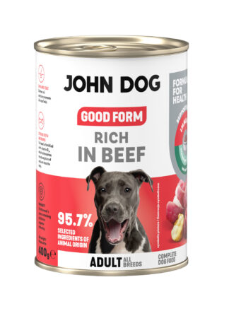 Puszka mokrej karmy dla psa John Dog Good Form Rich in Beef Adult 400 g. Na biało czerwonej etykiecie znajduje się zdjęcie psa rasy amstaff oraz napisy z informacjami o karmie.