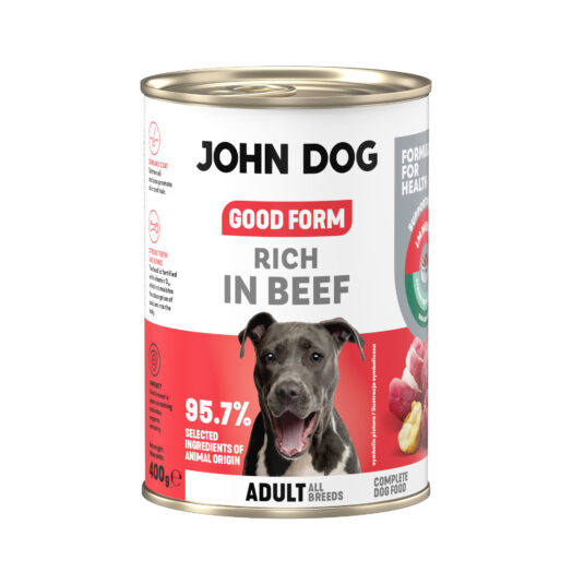 Puszka mokrej karmy dla psa John Dog Good Form Rich in Beef Adult 400 g. Na biało czerwonej etykiecie znajduje się zdjęcie psa rasy amstaff oraz napisy z informacjami o karmie.