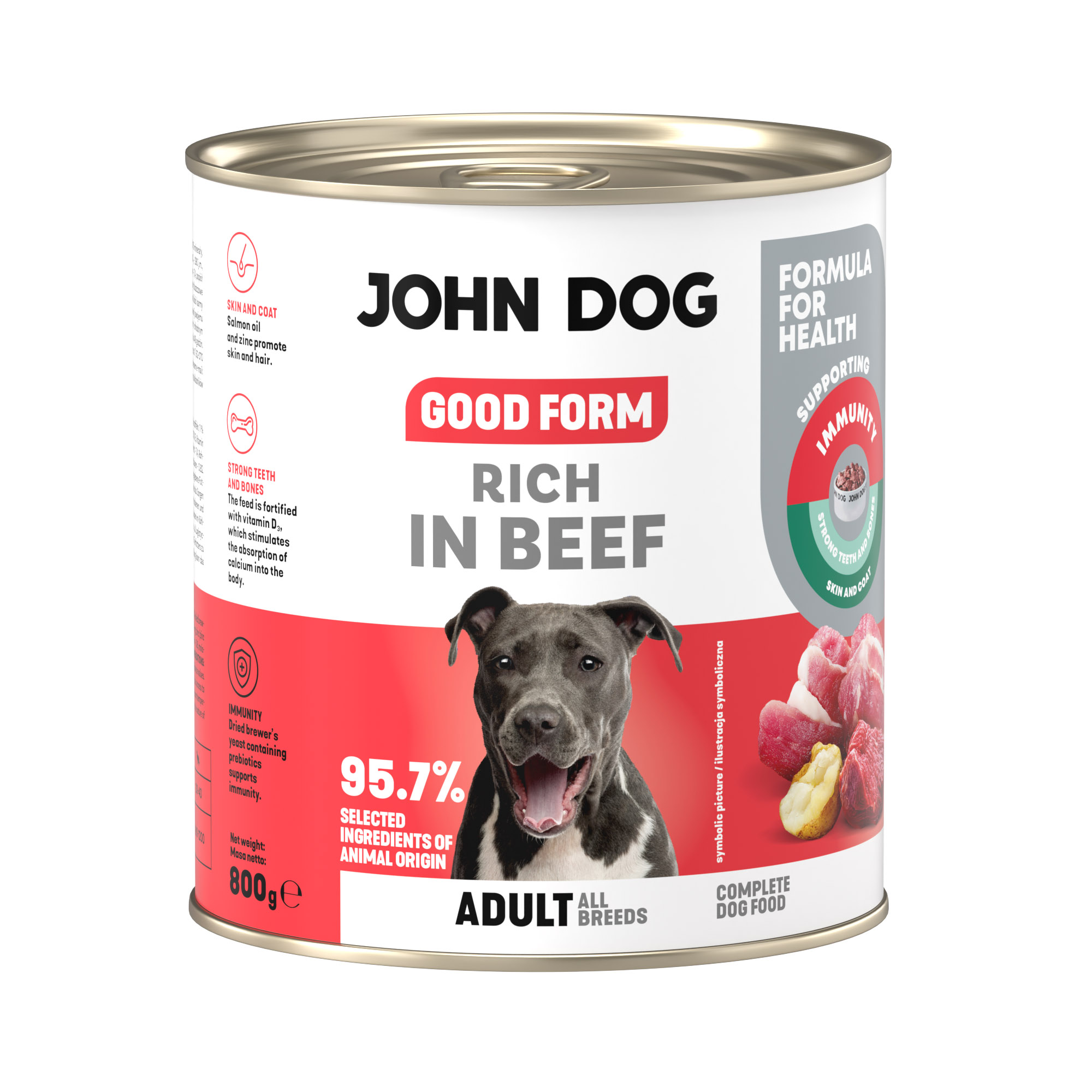 Puszka mokrej karmy dla psa John Dog Good Form Rich in Beef Adult 800 g. Na biało czerwonej etykiecie znajduje się zdjęcie psa rasy amstaff oraz napisy z informacjami o karmie.