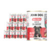 12 puszek mokrej karmy dla psa John Dog Good Form Rich in Beef Adult 400 g. Na biało czerwonej etykiecie znajduje się zdjęcie psa rasy amstaff oraz napisy z informacjami o karmie.