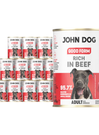 12 puszek mokrej karmy dla psa John Dog Good Form Rich in Beef Adult 400 g. Na biało czerwonej etykiecie znajduje się zdjęcie psa rasy amstaff oraz napisy z informacjami o karmie.