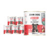 6 puszek mokrej karmy dla psa John Dog Good Form Rich in Beef Adult 800 g. Na biało czerwonej etykiecie znajduje się zdjęcie psa rasy amstaff oraz napisy z informacjami o karmie.