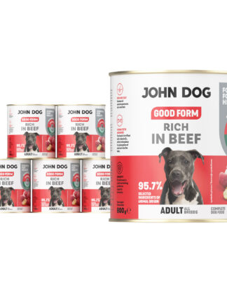 6 puszek mokrej karmy dla psa John Dog Good Form Rich in Beef Adult 800 g. Na biało czerwonej etykiecie znajduje się zdjęcie psa rasy amstaff oraz napisy z informacjami o karmie.