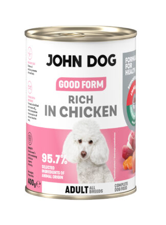 Puszka mokrej karmy dla psa John Dog Good Form Rich in Chicken Adult 400 g. Na biało różowej etykiecie znajduje się zdjęcie białego psa rasy pudel oraz napisy z informacjami o karmie.