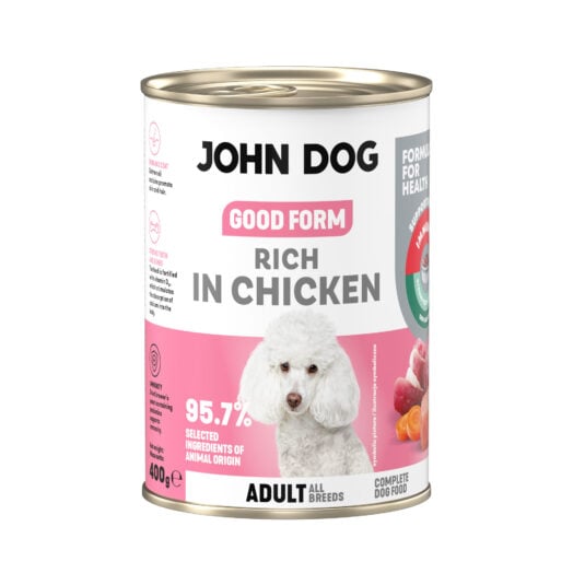 Puszka mokrej karmy dla psa John Dog Good Form Rich in Chicken Adult 400 g. Na biało różowej etykiecie znajduje się zdjęcie białego psa rasy pudel oraz napisy z informacjami o karmie.