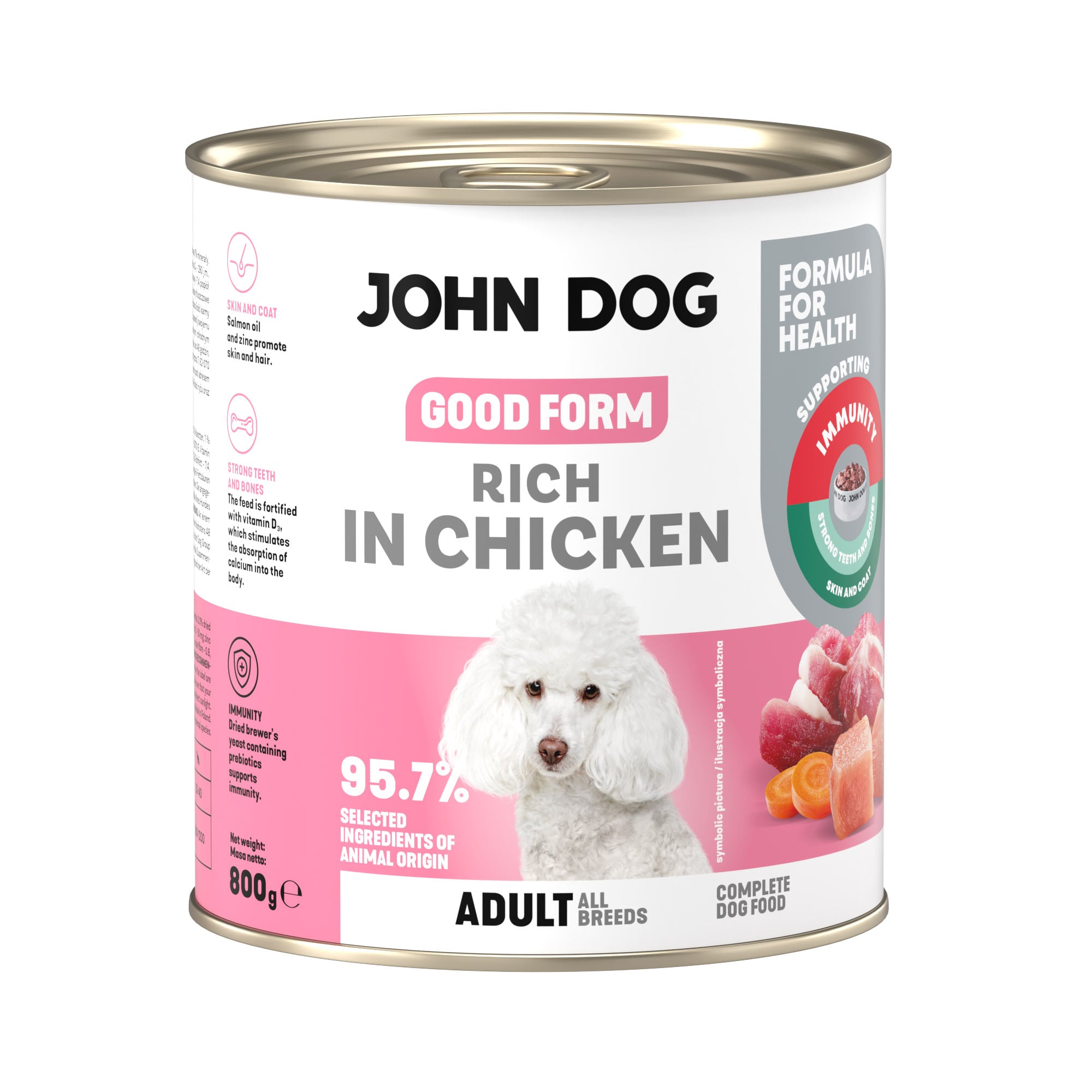Puszka mokrej karmy dla psa John Dog Good Form Rich in Chicken Adult 800 g. Na biało różowej etykiecie znajduje się zdjęcie białego psa rasy pudel oraz napisy z informacjami o karmie.