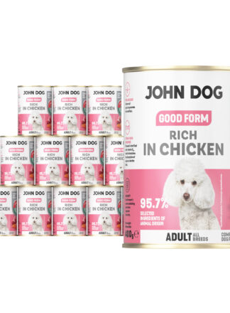 12 puszek mokrej karmy dla psa John Dog Good Form Rich in Chicken Adult 400 g. Na biało różowej etykiecie znajduje się zdjęcie białego psa rasy pudel oraz napisy z informacjami o karmie.