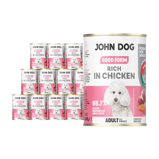 12 puszek mokrej karmy dla psa John Dog Good Form Rich in Chicken Adult 400 g. Na biało różowej etykiecie znajduje się zdjęcie białego psa rasy pudel oraz napisy z informacjami o karmie.