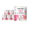 6 puszek mokrej karmy dla psa John Dog Good Form Rich in Chicken Adult 800 g. Na biało różowej etykiecie znajduje się zdjęcie białego psa rasy pudel oraz napisy z informacjami o karmie.