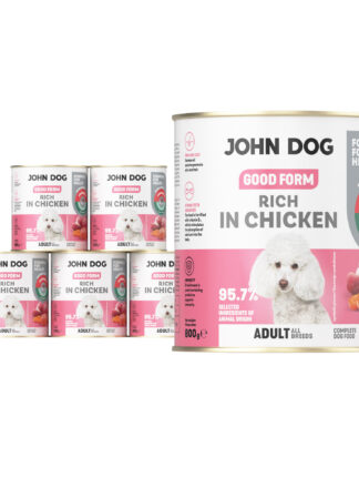 6 puszek mokrej karmy dla psa John Dog Good Form Rich in Chicken Adult 800 g. Na biało różowej etykiecie znajduje się zdjęcie białego psa rasy pudel oraz napisy z informacjami o karmie.