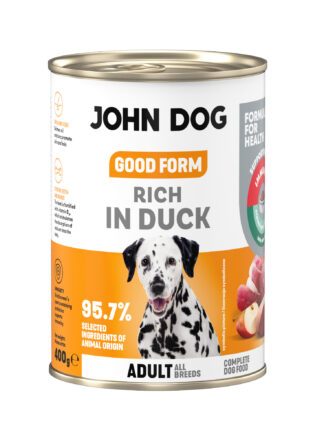 Puszka mokrej karmy dla psa John Dog Good Form Rich in Duck Adult 400 g. Na biało żółtej etykiecie znajduje się zdjęcie psa rasy dalmatyńczyk oraz napisy z informacjami o karmie.