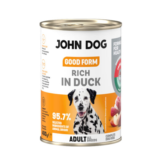 Puszka mokrej karmy dla psa John Dog Good Form Rich in Duck Adult 400 g. Na biało żółtej etykiecie znajduje się zdjęcie psa rasy dalmatyńczyk oraz napisy z informacjami o karmie.