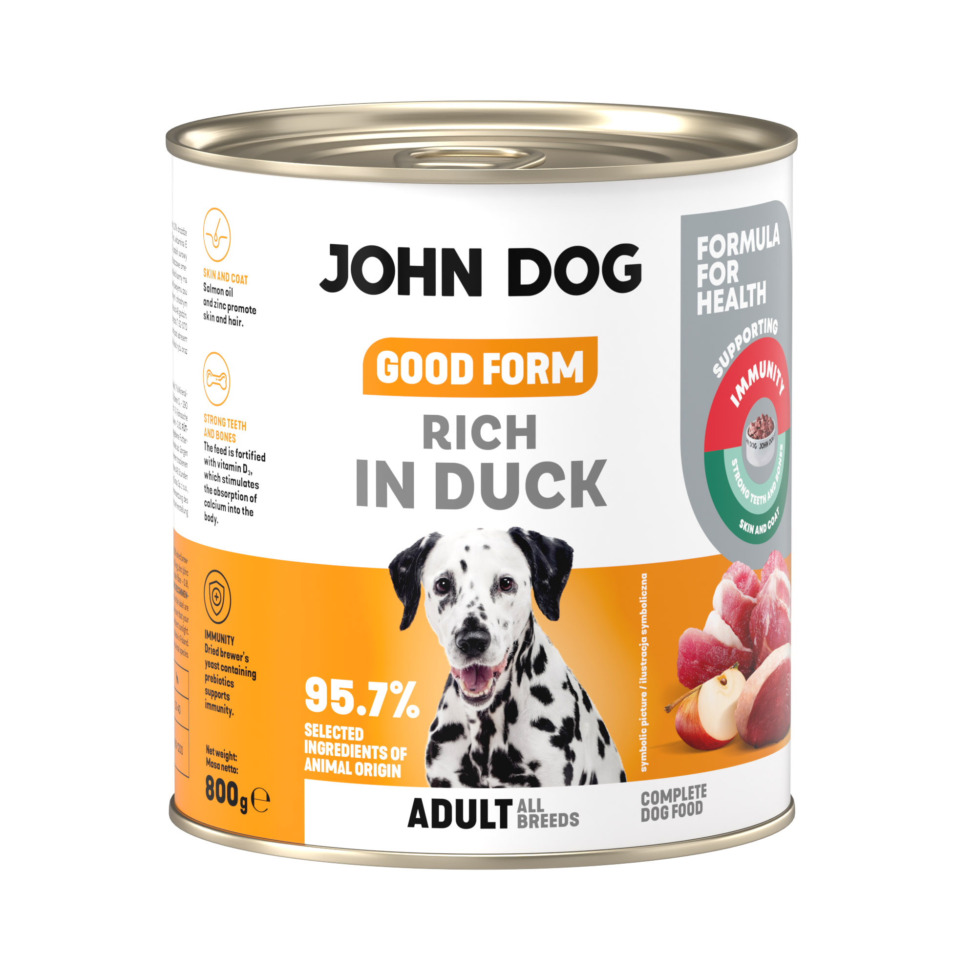 Puszka mokrej karmy dla psa John Dog Good Form Rich in Duck Adult 800 g. Na biało żółtej etykiecie znajduje się zdjęcie psa rasy dalmatyńczyk oraz napisy z informacjami o karmie.