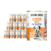 6 puszek mokrej karmy dla psa John Dog Good Form Rich in Duck Adult 800 g. Na biało żółtej etykiecie znajduje się zdjęcie psa rasy dalmatyńczyk oraz napisy z informacjami o karmie.
