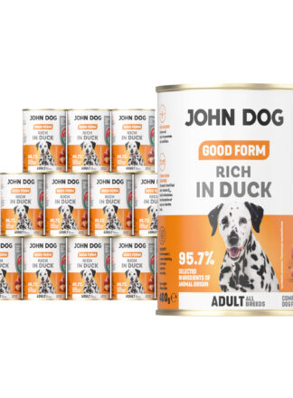 6 puszek mokrej karmy dla psa John Dog Good Form Rich in Duck Adult 800 g. Na biało żółtej etykiecie znajduje się zdjęcie psa rasy dalmatyńczyk oraz napisy z informacjami o karmie.