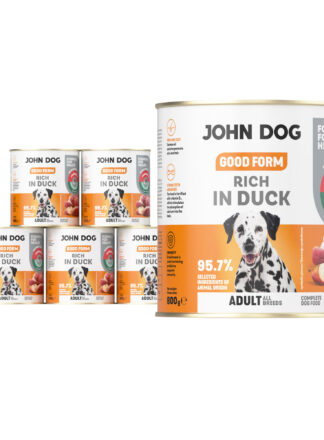 6 puszek mokrej karmy dla psa John Dog Good Form Rich in Duck Adult 800 g. Na biało żółtej etykiecie znajduje się zdjęcie psa rasy dalmatyńczyk oraz napisy z informacjami o karmie.