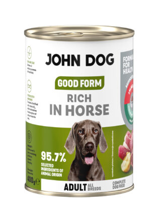 Puszka mokrej karmy dla psa John Dog Good Form Rich in Horse Adult 400 g. Na biało zielonej etykiecie znajduje się zdjęcie psa rasy wyżeł oraz napisy z informacjami o karmie.