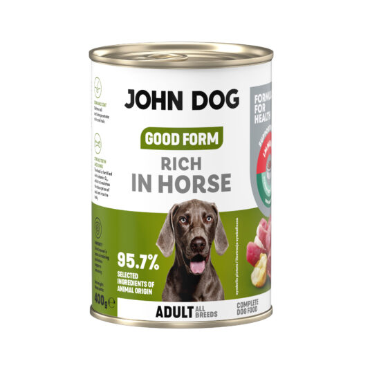 Puszka mokrej karmy dla psa John Dog Good Form Rich in Horse Adult 400 g. Na biało zielonej etykiecie znajduje się zdjęcie psa rasy wyżeł oraz napisy z informacjami o karmie.