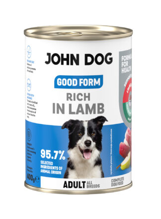 Puszka mokrej karmy dla psa John Dog Good Form Rich in Lamb Adult 400 g. Na biało niebieskiej etykiecie znajduje się zdjęcie psa rasy border colie oraz napisy z informacjami o karmie.