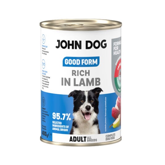 Puszka mokrej karmy dla psa John Dog Good Form Rich in Lamb Adult 400 g. Na biało niebieskiej etykiecie znajduje się zdjęcie psa rasy border colie oraz napisy z informacjami o karmie.