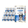 12 puszek mokrej karmy dla psa John Dog Good Form Rich in Lamb Adult 400 g. Na biało niebieskiej etykiecie znajduje się zdjęcie psa rasy border colie oraz napisy z informacjami o karmie.