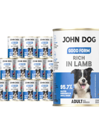 12 puszek mokrej karmy dla psa John Dog Good Form Rich in Lamb Adult 400 g. Na biało niebieskiej etykiecie znajduje się zdjęcie psa rasy border colie oraz napisy z informacjami o karmie.