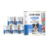 6 puszek mokrej karmy dla psa John Dog Good Form Rich in Lamb Adult 800 g. Na biało niebieskiej etykiecie znajduje się zdjęcie psa rasy border colie oraz napisy z informacjami o karmie.