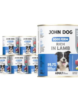 6 puszek mokrej karmy dla psa John Dog Good Form Rich in Lamb Adult 800 g. Na biało niebieskiej etykiecie znajduje się zdjęcie psa rasy border colie oraz napisy z informacjami o karmie.