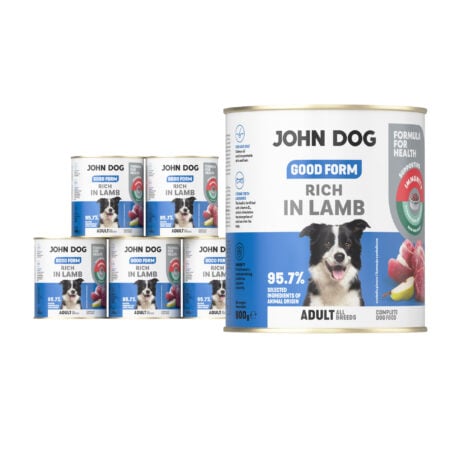 6 puszek mokrej karmy dla psa John Dog Good Form Rich in Lamb Adult 800 g. Na biało niebieskiej etykiecie znajduje się zdjęcie psa rasy border colie oraz napisy z informacjami o karmie.