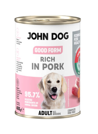 Puszka mokrej karmy dla psa John Dog Good Form Rich in Pork Adult 400 g. Na biało różowej etykiecie znajduje się zdjęcie białego psa rasy golden retriver oraz napisy z informacjami o karmie.